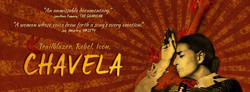 Poster for the documentary “Chavela” featuring a woman with closed eyes and a hand on her forehead against a stylized background with quotes praising the film. "Trailblazer. Rebel. Icon." is written prominently.