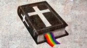 A mural depicts a Bible with a cross on its cover and a rainbow-colored bookmark on a concrete surface.