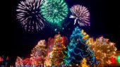 Colorful fireworks explode in the night sky above a festive outdoor display of trees adorned with multicolored lights.