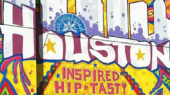 Colorful mural featuring the word "Houston" in large letters with phrases "Inspired Hip-Tasty" below. The background includes vibrant, abstract patterns.