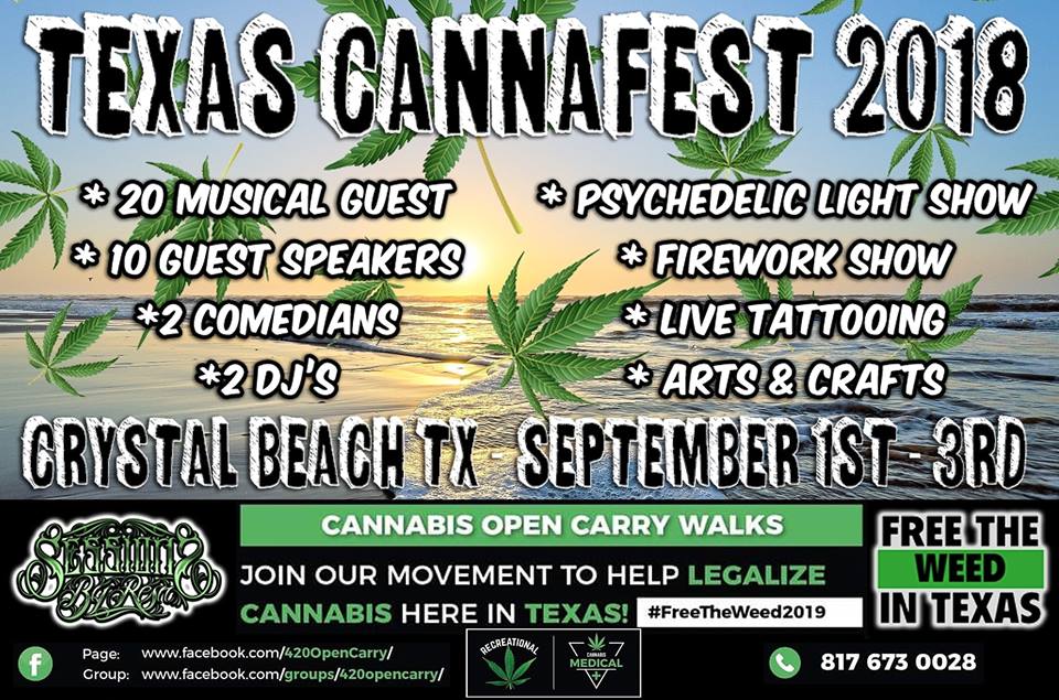 Promotional poster for Texas Cannafest 2018 at Crystal Beach, TX from September 1st to 3rd, featuring music acts, guest speakers, comedians, light shows, fireworks, live tattooing, arts, and crafts.