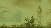 A foggy graveyard scene with a leafless tree, graves, a cross, and ghostly figures near a statue. The moon is visible in the background.