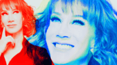 A woman is seen in two overlapping colored images: one in red with a thoughtful expression and the other in blue, smiling. Both images highlight her face and wavy hair.