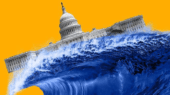 Image of a large blue wave crashing into the U.S. Capitol building against a bright yellow background.