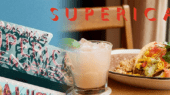 Image of a Superica restaurant sign alongside a margarita and a plate of Mexican food including a taco, rice, and beans, with the restaurant name "SUPERICA" in bold letters overlaying the picture.