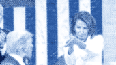 A blue-tinted, halftone image showing three individuals in front of a large American flag; one person is applauding, another is turning, and the third is gesturing while wearing white.