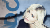 A woman with blonde hair and blue eyes is looking up at the camera. The background and overlay include abstract shapes and text.