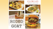 Collage of four images featuring dishes from Gloria's Latin Cuisine and Rodeo Goat restaurant, including fried fish, a vegetable soup, beverages, and a cheeseburger.