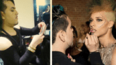 On the left, a stylist is preening hair; on the right, a stylist is applying lipstick to a model with elaborate makeup and hairstyle.