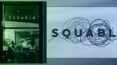 A restaurant named "Squable" with people dining inside, accompanied by a stylized logo with the name "Squable" and abstract scribble designs.