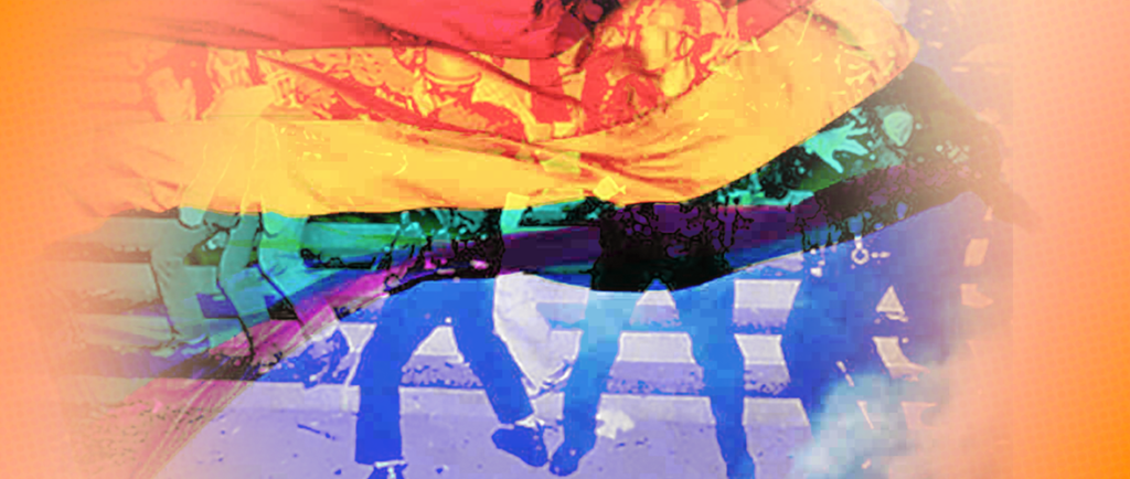 A colorful scene featuring the rainbow pride flag layered over an image of people dancing.