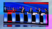 Six people stand at podiums on a brightly lit stage with a CNN backdrop, engaged in a discussion or debate.