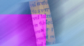 Close-up of handwritten text on a piece of paper, partially obscured by colorful light effects in shades of purple and blue. The text is in a vertical format and is not entirely legible.