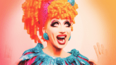 Person in colorful drag costume and makeup, with exaggerated facial expression and hands raised, set against a vibrant gradient background.