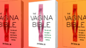 Three different colored covers of the book "The Vagina Bible" by Jen Gunter, MD, are displayed side by side against a gradient background.