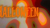 Colorful abstract background with the word "HALLOWEEN" in large orange text across the center.