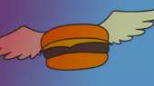 Illustration of a hamburger with white wings on both sides against a gradient blue and purple background.