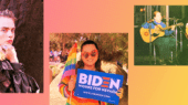 A collage with three images: a person posing, a person holding a rainbow flag and Biden sign, and two people playing guitars on stage.