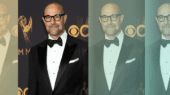 A bald man with glasses wearing a black tuxedo and bow tie stands in front of a backdrop featuring Emmy logos. The image is shown in four filtered sections with various color overlays.