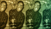 A person is holding an award, smiling, and standing in front of a backdrop. The image is shown in four color variations side by side: sepia, red, green, and blue.