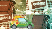 A collage showing a GrubHub food bag, a DoorDash delivery driver, and a cartoon image of a green pizza delivery car against a checkered tablecloth background.