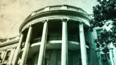 A sepia-toned image of the north portico of the White House with tall columns and surrounding trees.