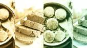 Four biscuits in a round pan and three slices of bread on a cutting board, displayed twice with varying color filters.