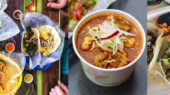 A spread of various tacos on the left, a bowl of soup with toppings in the middle, and a taco meal with rice and beans on the right.