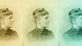 Triple portrait of a woman with short, curly hair wearing a high-necked dress; each image is tinted in different colors: yellow, green, and blue.