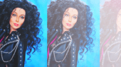 A doll with curly black hair and a black studded jacket is shown in three altered images, progressing from clear to gradually more faded.