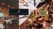 Image split into two parts. Left: A restaurant dining area with neatly arranged tables and chairs. Right: Close-up of hands serving food from a wooden platter filled with a variety of meats and sauces. Central logo reads "Georgia James.