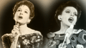 Two images side-by-side of a woman singing into a microphone. The left image is in color, and the right image is in black and white. She wears patterned dresses in both images.