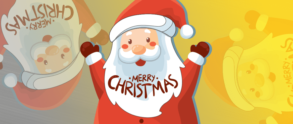 A cartoon of santa claus with merry christmas written on it.