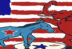 A flag of America with a bull and horse
