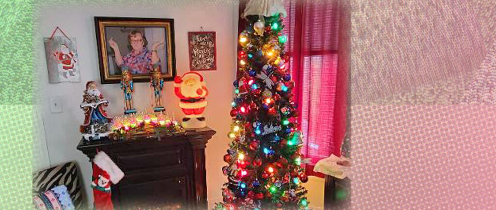 A room with a Christmas tree and other decorations