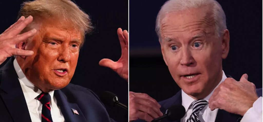 A split photo of donald trump and joe biden.