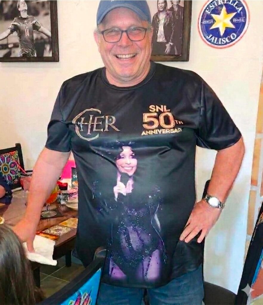 Johnny sporting his ‘Cher at the SNL’s 50th Anniversary’ T-shirt